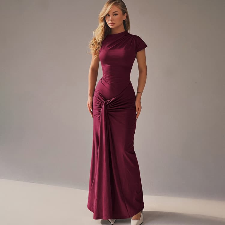 2025 Summer New Fashion Casual Dress Slim Fit Pleated Back Lace up Women Dress Short Sleeve Elegant Dress Wholesale