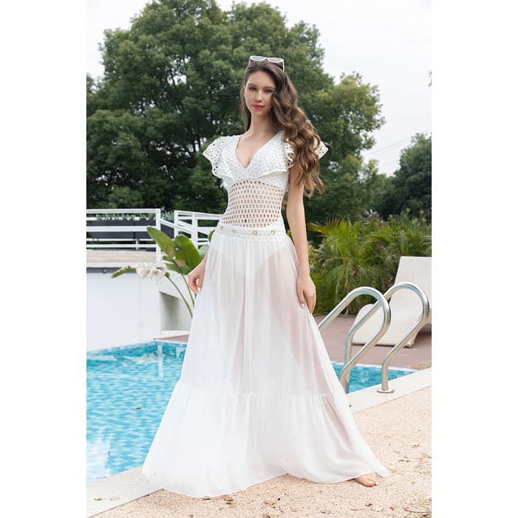 Wholesale White Hollow Out Ruffle Bikini Set Elegant Swimwear Mesh Bikini Women