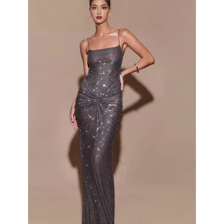 Rhinestone Evening Gown Wholesale Slip Pleated Maix Dress Custom logo Sexy Bodycon Dress Factory Direct