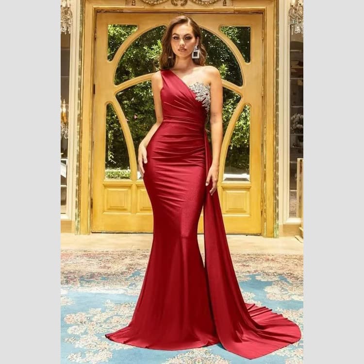 Wenshuo High End Fishtail Skirt Wholesale Diamond Satin Evening Gown Custom logo Fashion off Shoulder Dress Factory Direct