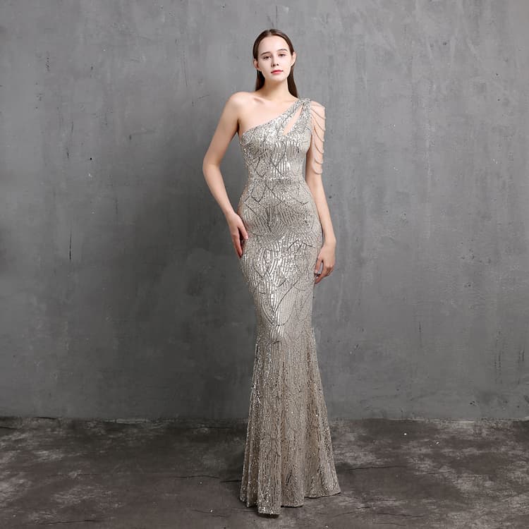2024 Women fairy Dreamy Celebrity Party Evening Dress Sexy Long Slim Toast Dress Bride Hollow Sequin One Shoulder Evening Dress