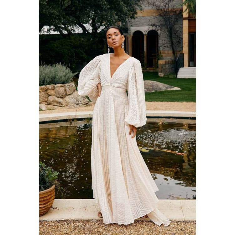 New Style Arrive Women Long Lantern Sleeve Jacquard Pleated Dress High Quality Women Elegant Dress Deep V Neck Casual Dress