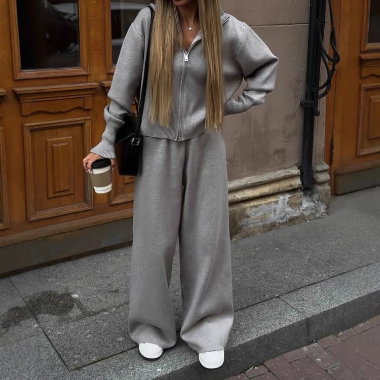 Wenshuo Knit Loose Top Wholesale Drawstring Straight Trousers Custom logo Solid Color Tracksuit Factory Direct
