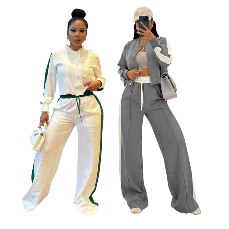 Wenshuo Long Sleeve Crop Top Wholesale Drawstring Loose Trousers Custom logo Simple Stylish Tracksuit Factory Direct