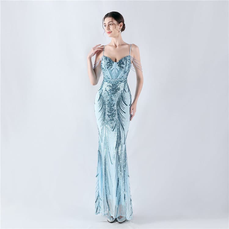 Sequined Pattern Fishtail Skirt Custom logo Pearl Strap Evening Dress Directly Mesh Design Long Skirt Wholesale