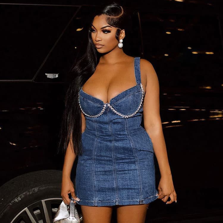 2023 New Dress Launch Autumn Bodycon Skirt Sexy Halter Dress Short Rhinestone Dress Denim for Women