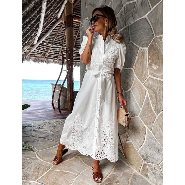 Wenshuo Hollow Puff Sleeve Dress Wholesale Waisted Maxi Dress Custom logo Summer Breathable Dress Factory Direct