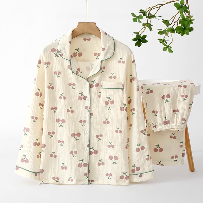 Lace Soft Lapel Pajamas Manufacturer Pure Cotton Printed Pajamas Wholesale Elastic Trousers Factory Directly
