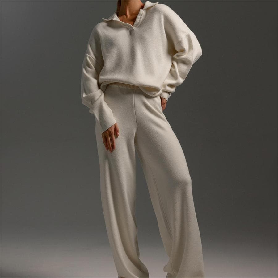 Cotton Women Set Factory Directly Lapel Sweater Suit Wholesale Solid Color Straight Wide Leg Pants 2 Piece Set