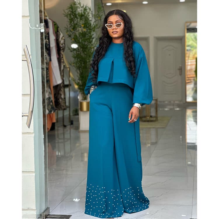 Casual Beaded Set Wholesale Double Layered Lantern Sleeve Top Custom logo Simple Wide Leg Trousers Factory Direct