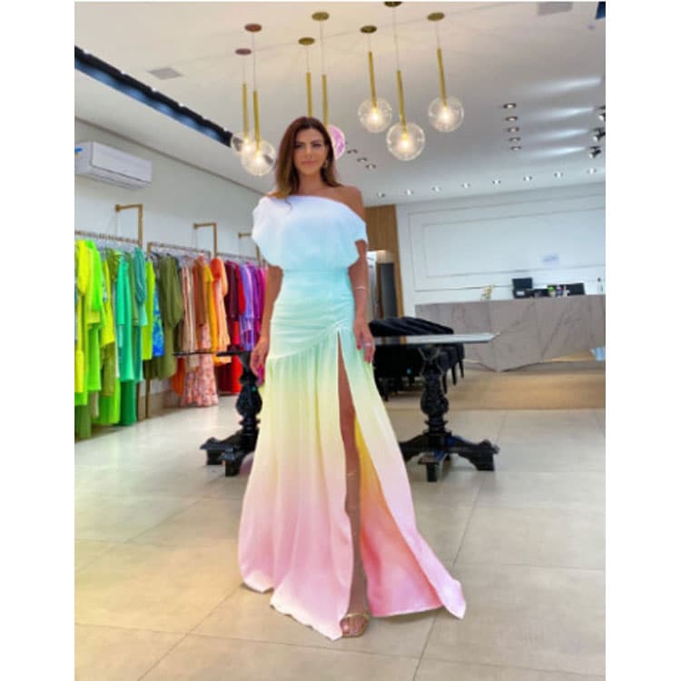 Party Dress for Women Sexy Casual Dress Off Shoulder Solid Split Maxi Ruched Skirt Sleeveless High Waist Pleated Dress