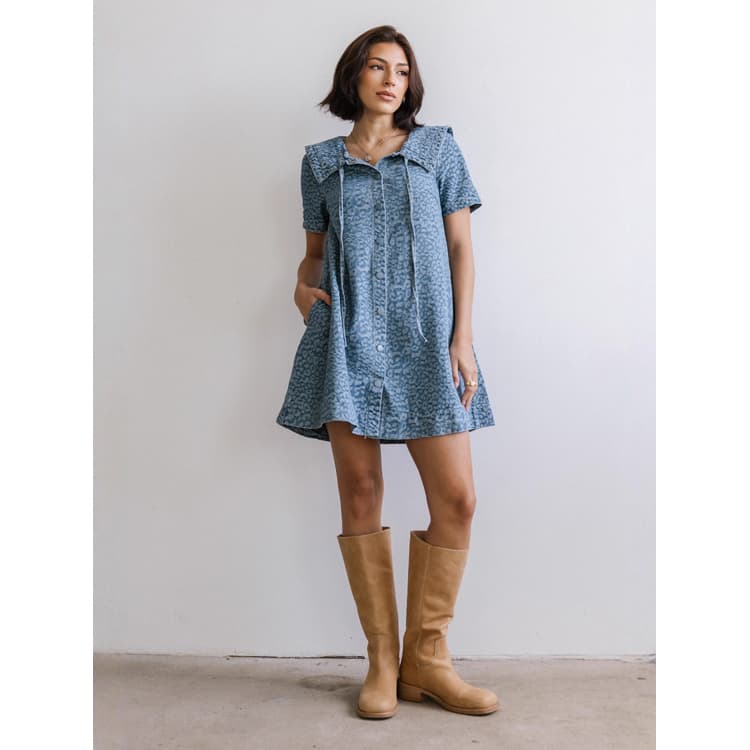 Women Adorable Leopard Print Denim Dress with Pocket Flattering Casual Wear