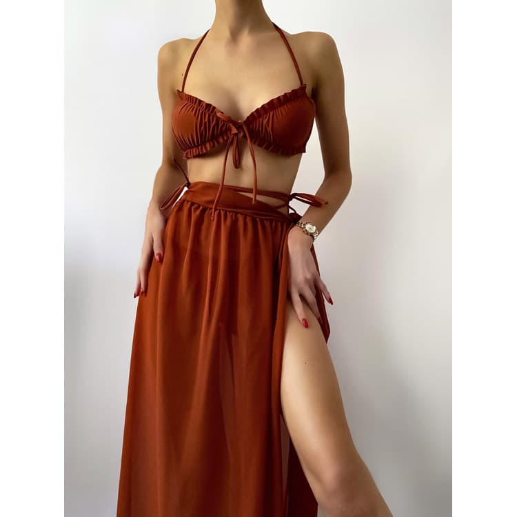 New Women Bikini Suit Chiffon Full Length Sexy Swimsuit Three Piece Coffee Color Swimwear