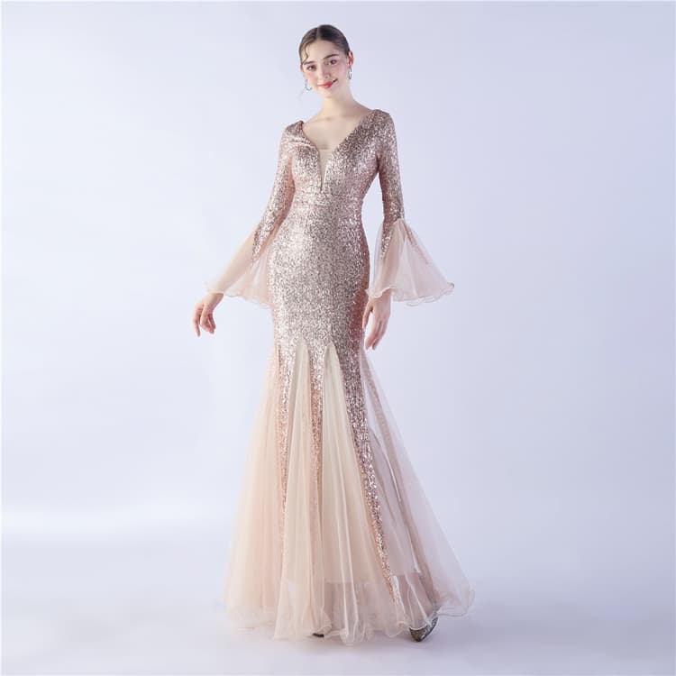 2024 New Design Mermaid Evening Dress Mesh Wedding Banquet Host Stage Sequin Evening Dress Women V Neck Slim Dress