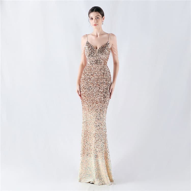 Gradient Fishtail Skirt Custom logo Sexy V Neck Evening Dress Directly Sling Pearl Long Skirt Wholesale