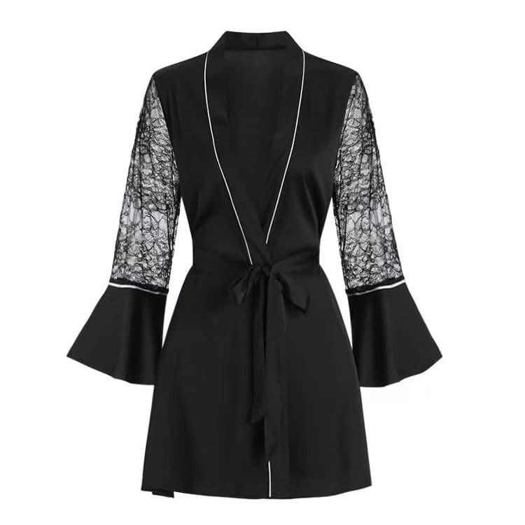 Sexy Lace Bathrobe Custom logo Ruffle Sleeve Nightgown Wholesale Short Tie Nightgown Factory Directly