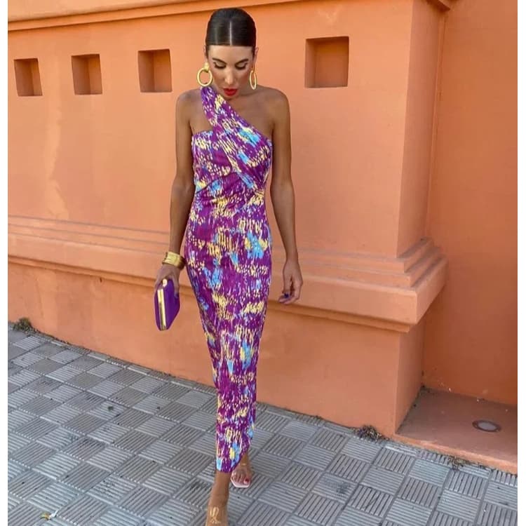 2024 Women One Shoulder Color Block Dress Geometric Patterns Casual Dress Printed Midi Dress