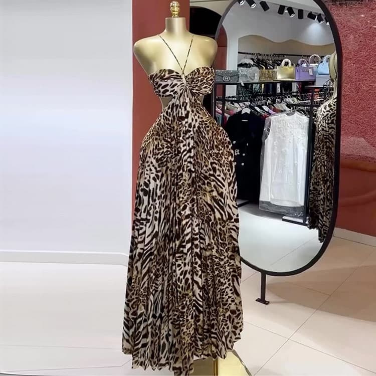 Leopard Tube Top Maxi Skirt Wholesale Sexy Pleated Suspender Skirt Custom logo Drawstring Backless Skirt Directly