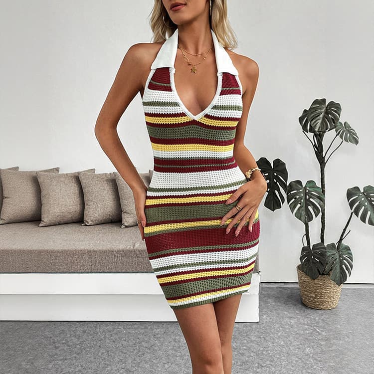 Wenshuo Halter Neck Knit Dress Wholesale Striped Fitted Dress Custom logo Casual Backless Dress Factory Direct