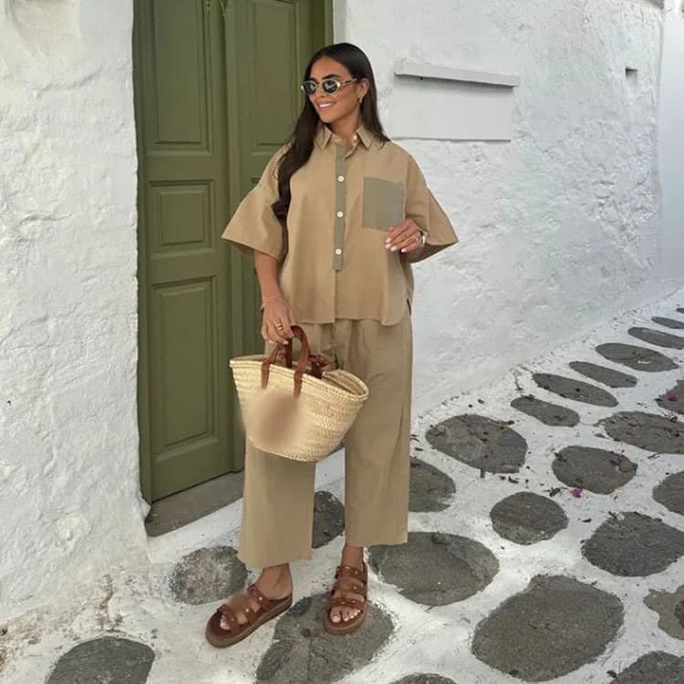 Casual Women Suits Custom logo Loose Pants Factory Directly Short Sleeved Lapel Top Wholesale