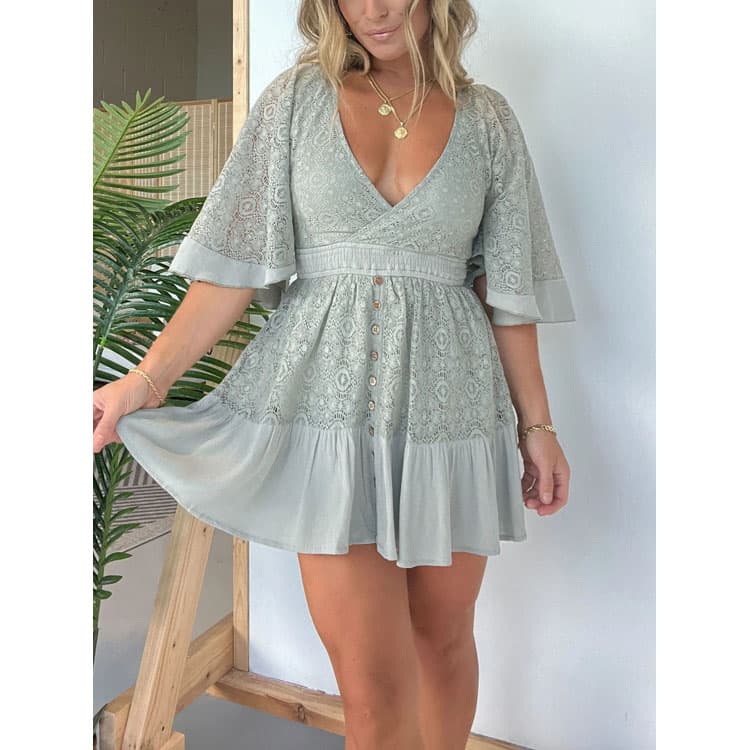 Ruffle Short Dress Custom logo V Neck Casual Dress Directly Fashionable Button Print Dress Wholesale