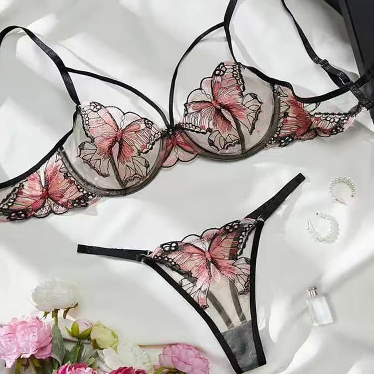 Wenshuo See Through Sexy Lingerie Factory Direct Embroidered Butterfly underwear Wholesale Lace Mesh Lingerie Custom logo