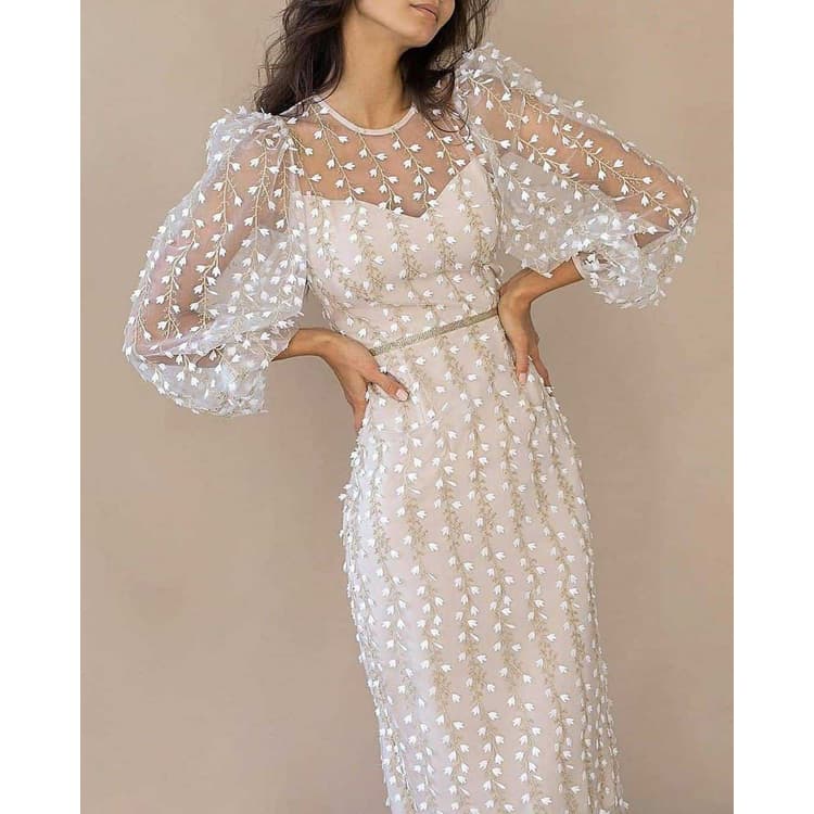Hot Selling New Temperament Embroidery Perspective Mesh Dresses Elegant Solid Color Dresses