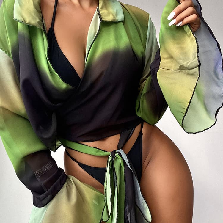 New Beach Swimwear Long Sleeve Chiffon Swimsuit Three Piece Bikini Swimwear With Cover up