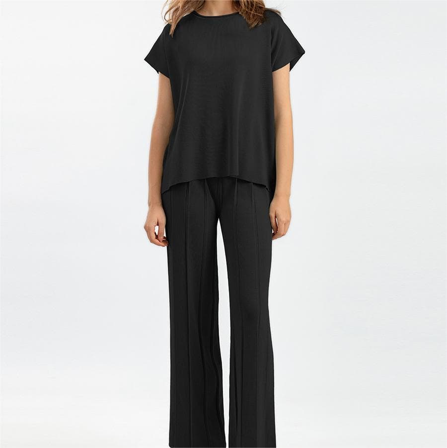 Women Short Sleeve Suit Factory Directly Crew Neck Sweater Suit Wholesale Solid Color Straight Wide Leg Pants