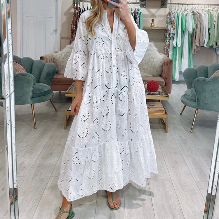 V Neck Hollow Dress Wholesale Loose Casual Dress Custom logo Solid Color Long Skirt Factory Direct