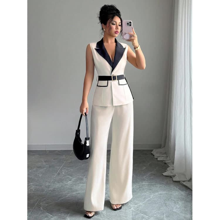 Simple Fashion Women Suit Wholesale Sleeveless Lapel Top Factory Direct Solid Color Loose Pants Custom logo