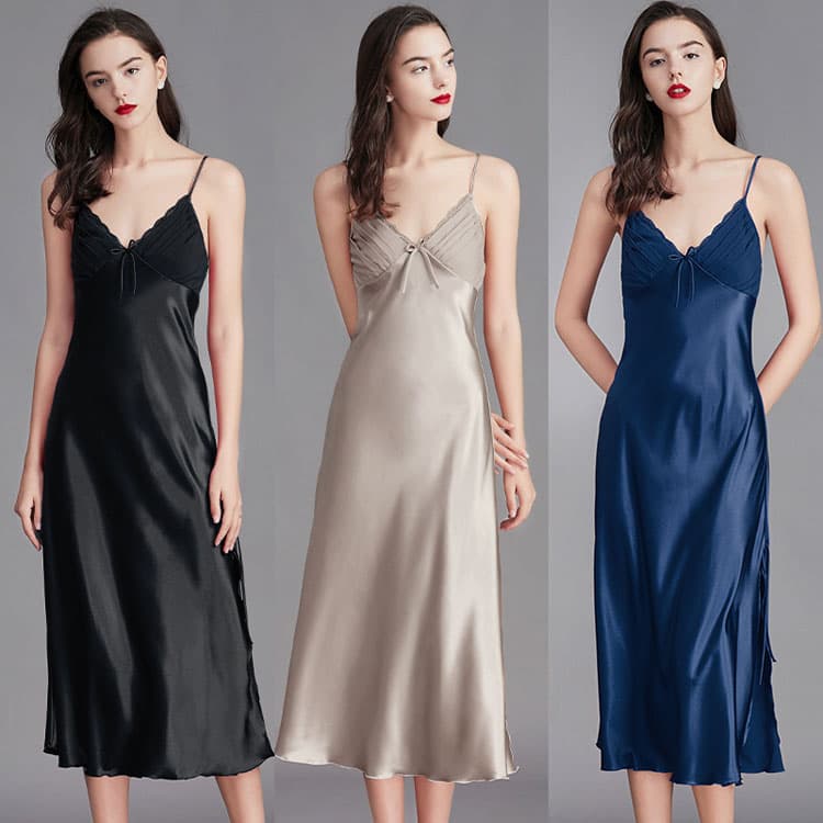 Satin Suspender Pajamas Wholesale Solid Bow Nightdress Factory Directly Soft Casual Loungewear Custom logo