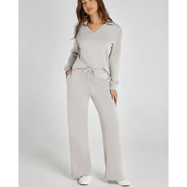 Solid Color Women Suit Wholesale Stylish V Neck Top Custom logo Drawstring Straight Pants Factory Direct