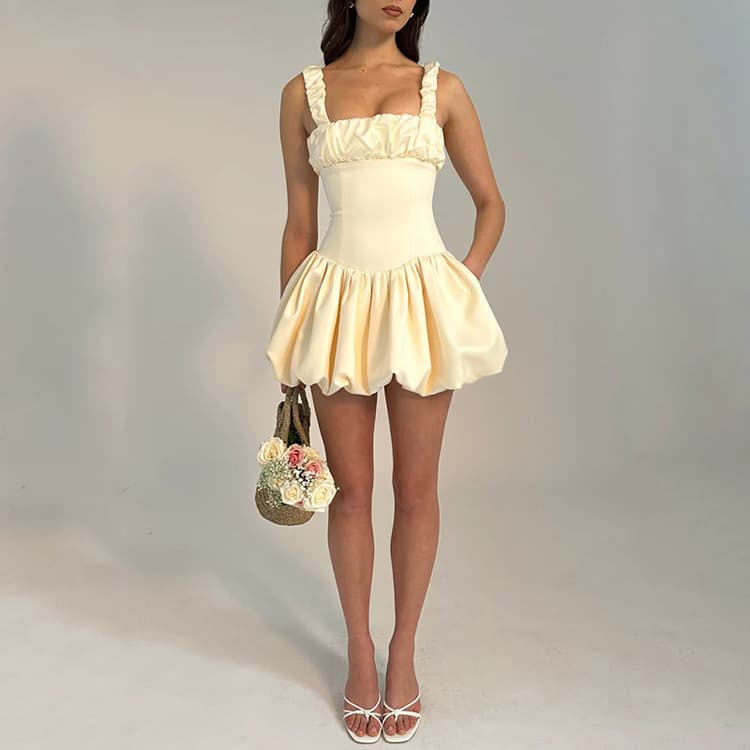 2024 Hot Sell Sexy Temperament Square Neck String Pleated Backless Mini Dress Solid Backless Casual Dress for Women With Zipper