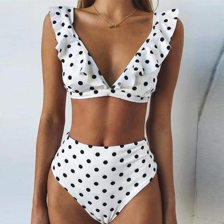 2024 New Arrival Ruffled Deep V Bikini Swimsuit Solid Polo Dot Print Sexy Cute Fashionable Swimsuit