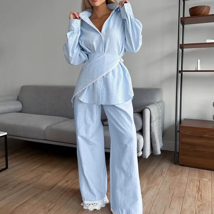 Striped Casual Suit Wholesale Long Sleeve Collared Top Custom logo Lace Straight Leg Trousers Factory Direct