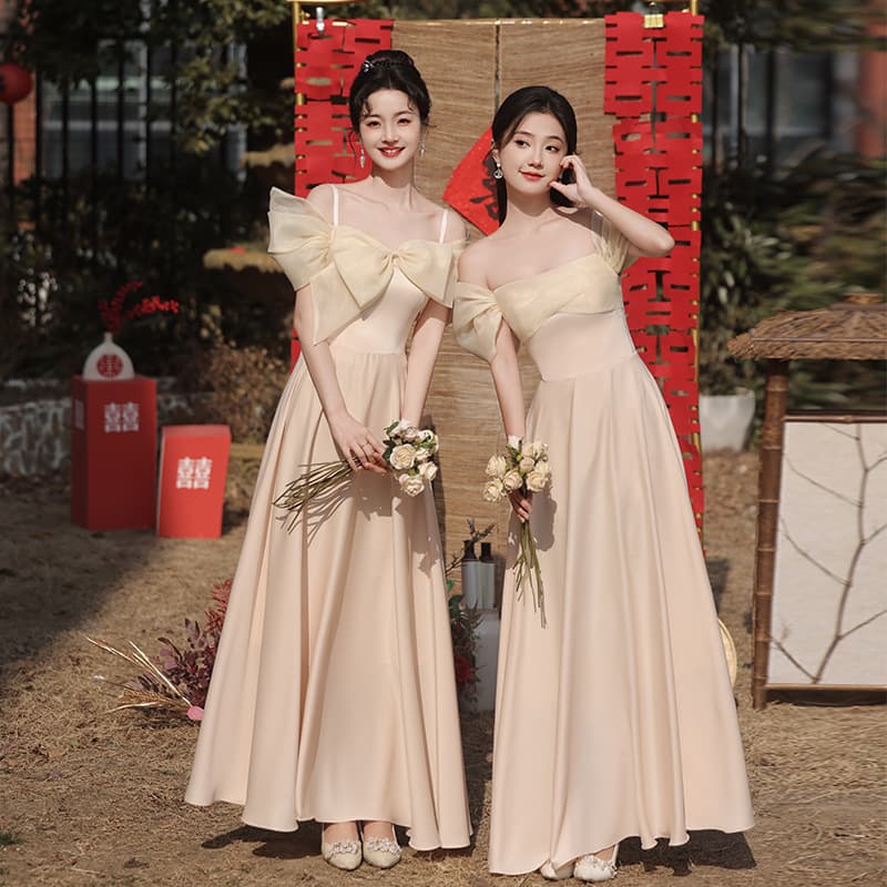 Champagne Bridesmaid Dress Custom logo Mesh Evening Dress Factory Directly Long slip Host Dress Wholesale