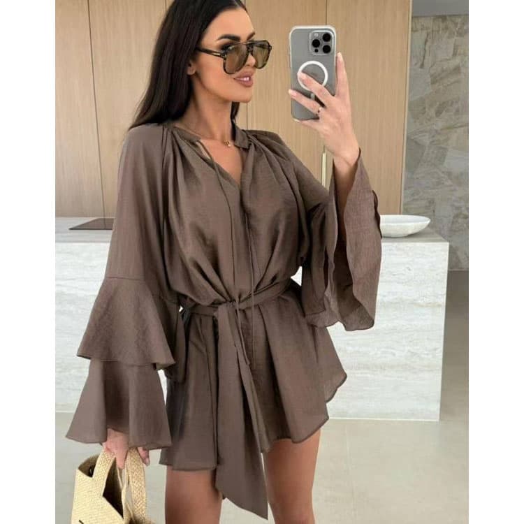 Fashion Design Irregular Dress Custom logo Solid Color Casual Short Skirt Wholesale Bell Sleeve Lapel Dress Factory Directly