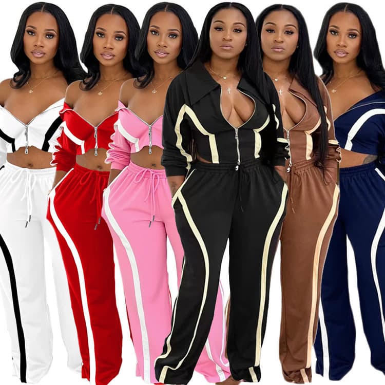 Wenshuo Striped Long Sleeve Top Wholesale Simple Drawstring Trousers Custom logo Stylish Sexy Tracksuit Factory Direct