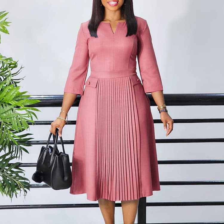 Women Clothing 2025 Autumn New Style Fashion Dress Temperament Elegant Solid Color Pleated Plus Size Office Dress Formal Dress