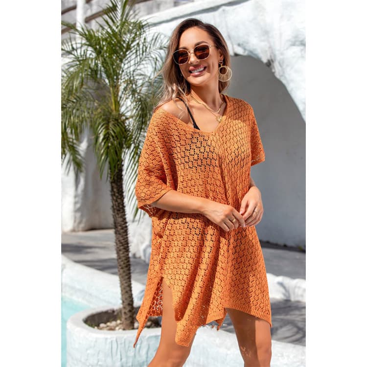 Summer New Sun Protection Beach Cover-Up Solid Color Hollow Knit Top Beach Vacation Bikini Cover-Up for Women