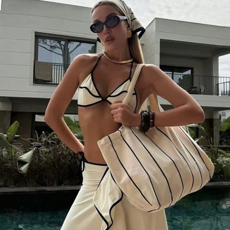 Elegant Sexy Black White Color Block Bikini Swimsuit Set Three Piece 2025 New Spa Beach Swimwear