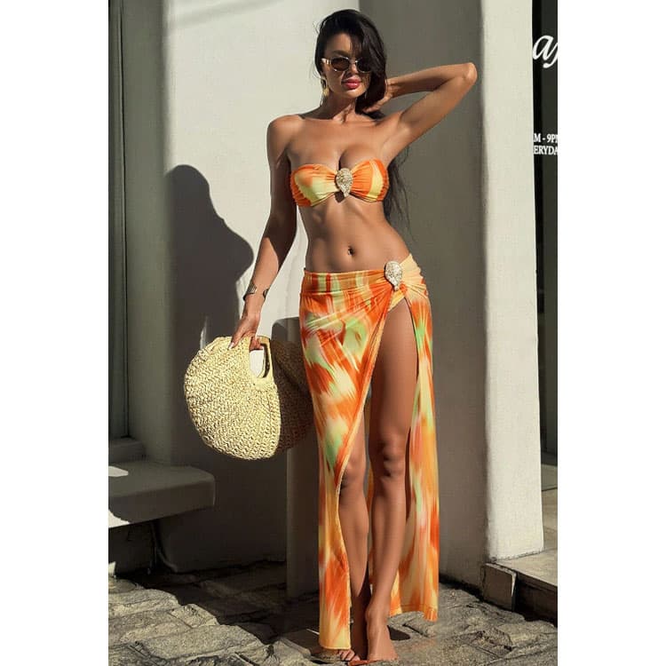 New Orange Gradient Retro 2026 Swimsuit Set Strapless High Quality Beach Vacation Bikini 3 Pcs Set