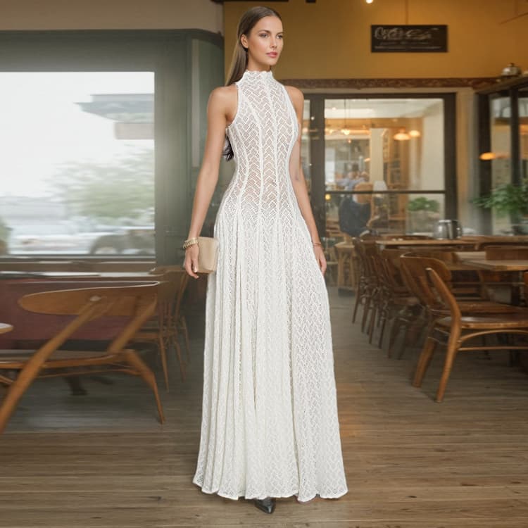 French Style Sleeveless Maxi Dresses Slightly Stretch Lace Design Dresses White Slim Fit Long Dresses for Women