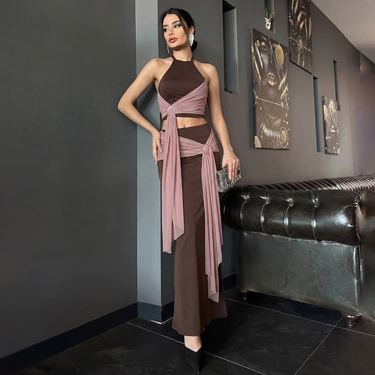 Wenshuo Sleeveless Ribbon Dress Wholesale Sexy Club Maxi Dress Custom logo Halter Dress Set Factory Direct