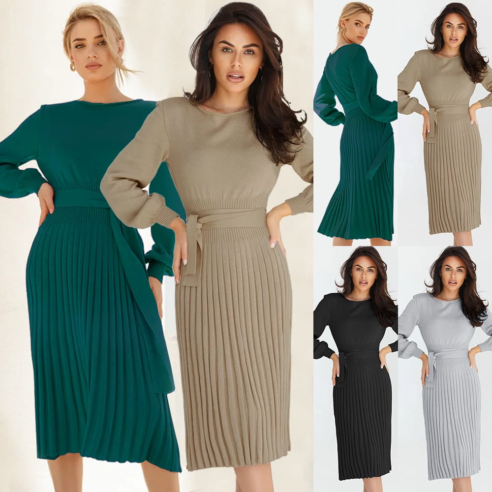 Autumn Winter Knitted Skirt Wholesale Pleated Midi Skirt Manufacturer Slim Fit Long Sleeved Dress Factory Directly