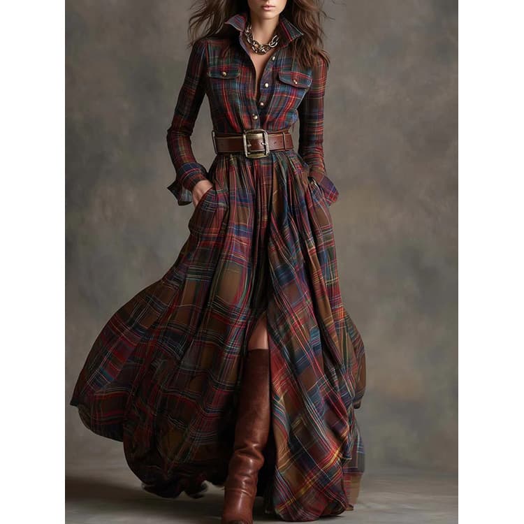Wenshuo Retro Long Sleeve Dress Wholesale Plaid Long Dress Custom logo Stylish Collared Dress Factory Direct