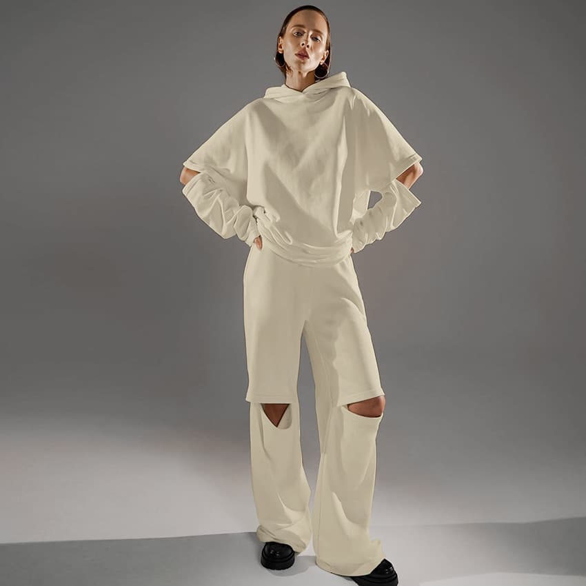Ripped Casual Two Piece Suit French Minimalist Women Suit Wholesale Solid Color Loose Long Sleeve Trousers