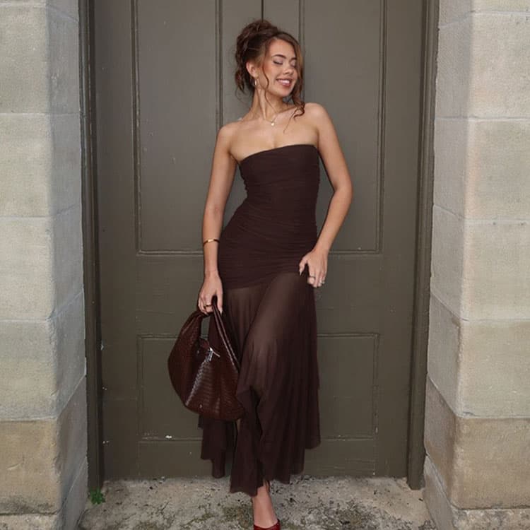 Strapless Pleated Dress Wholesale Solid Mesh Dress Custom logo Fashion Simple Maxi Dress Factory Directly