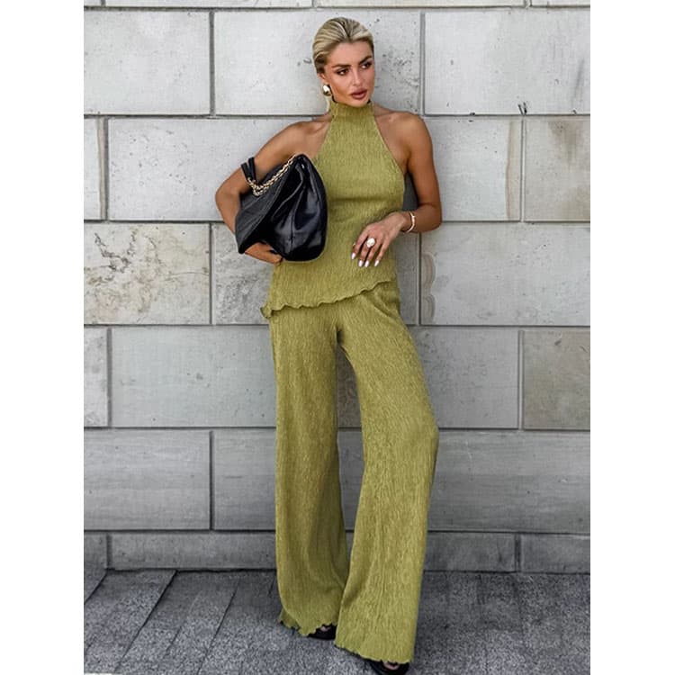 Fashion Women Set Wholesale Simple Halter Top Custom logo Casual Elasticated Pants Factory Direct